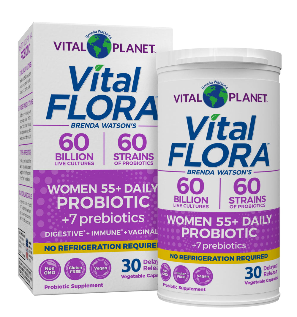 Vital Planet Vital Flora bottle for women 55+ supporting digestive balance.