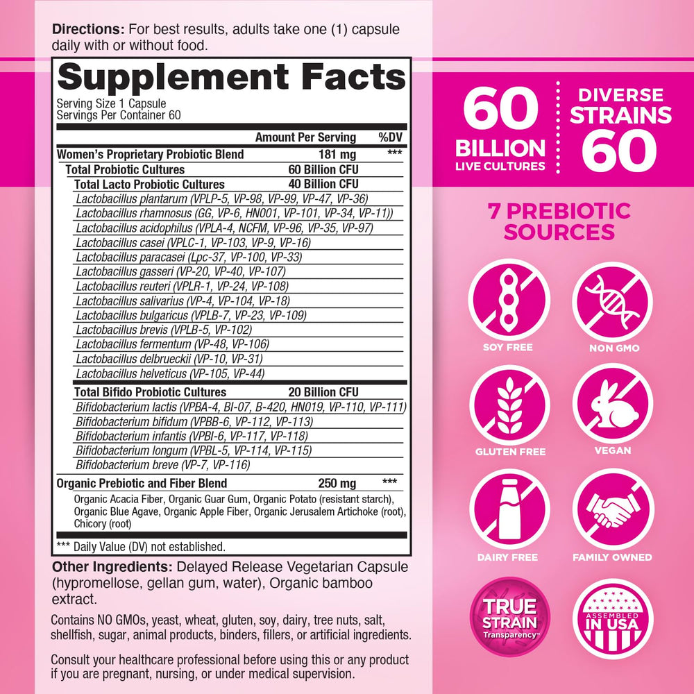 Vital Planet Vital Flora label close-up highlights diverse strains and organic prebiotics for gut support.