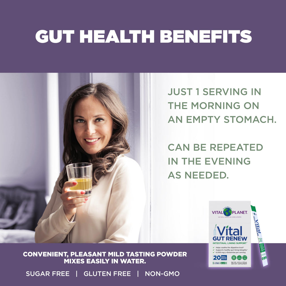 Vital Gut Renew 6000mg glutamine supports gut lining health.