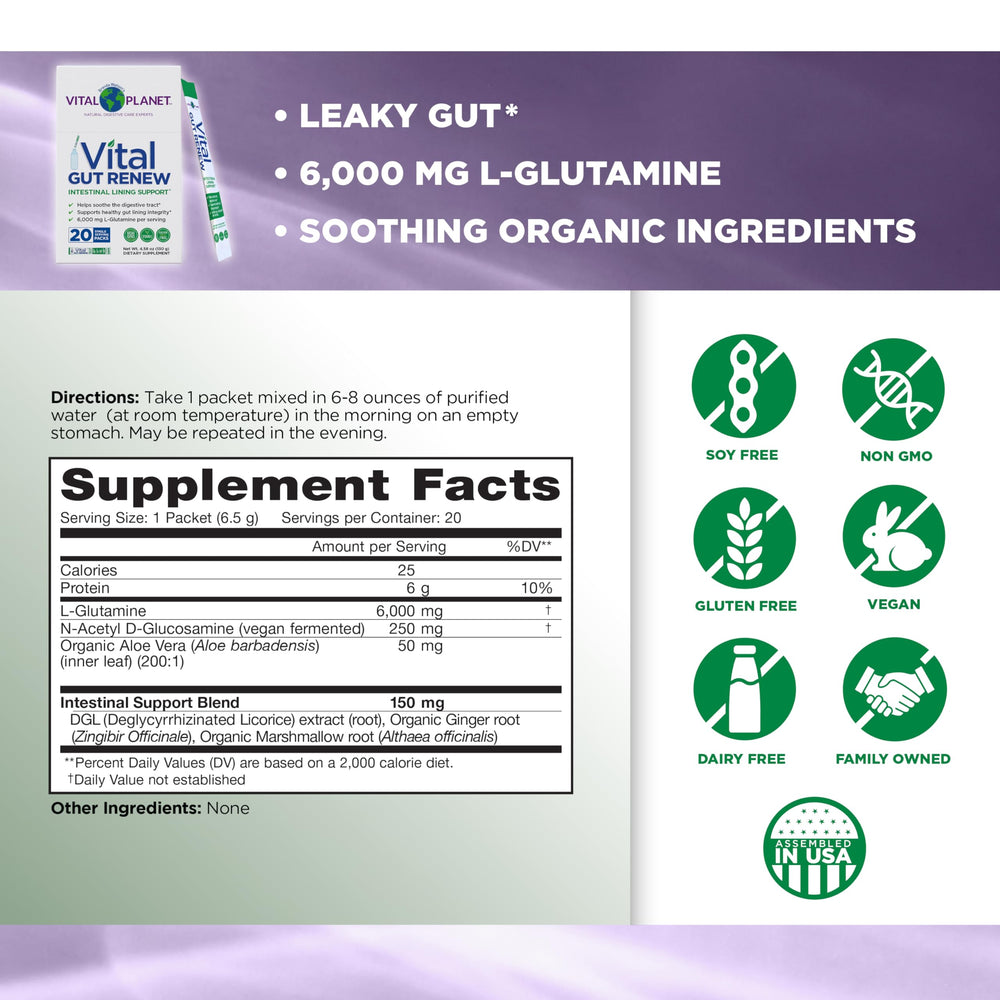 Vital Planet Vital Gut Renew powder being mixed in water for gentle digestion.