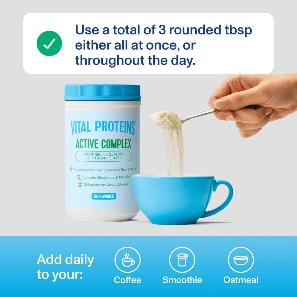 Scoop of Vital Proteins Active Complex held for daily joint support