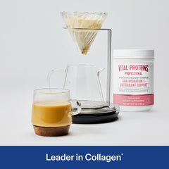 Vital Proteins Bioactive Collagen being poured into a glass for easy daily use.
