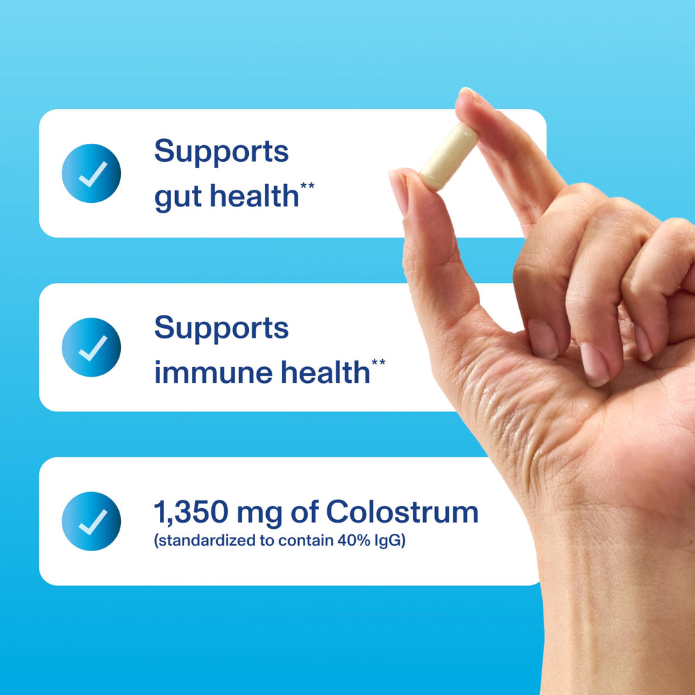 Vital Proteins bovine colostrum capsules closeup showing 40% IgG