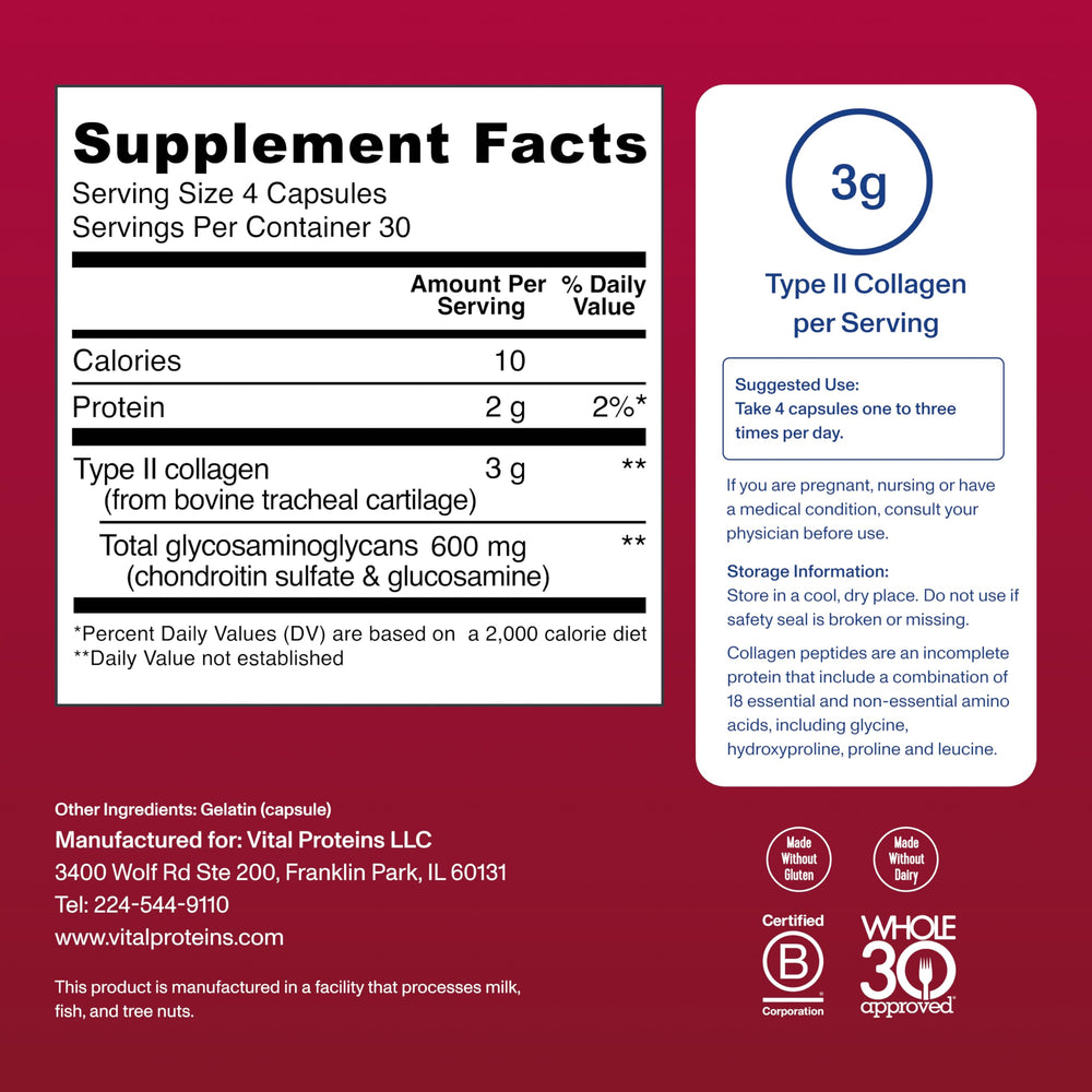 Vital Proteins Cartilage Collagen label details show clean ingredients and certifications.