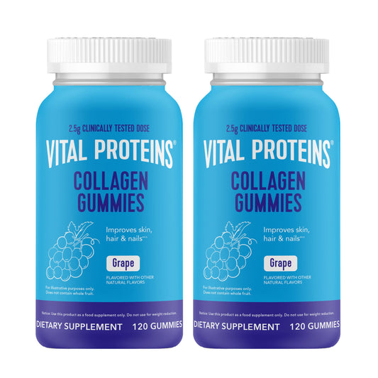 Vital Proteins Collagen Gummies bottle front in grape flavor highlighting skin support benefits