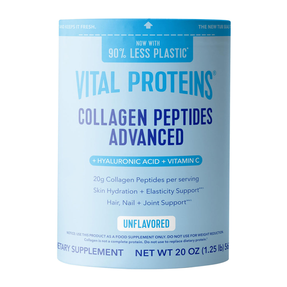 Vital Proteins Collagen Peptides Advanced bottle pour showing easy daily use for potential skin support.