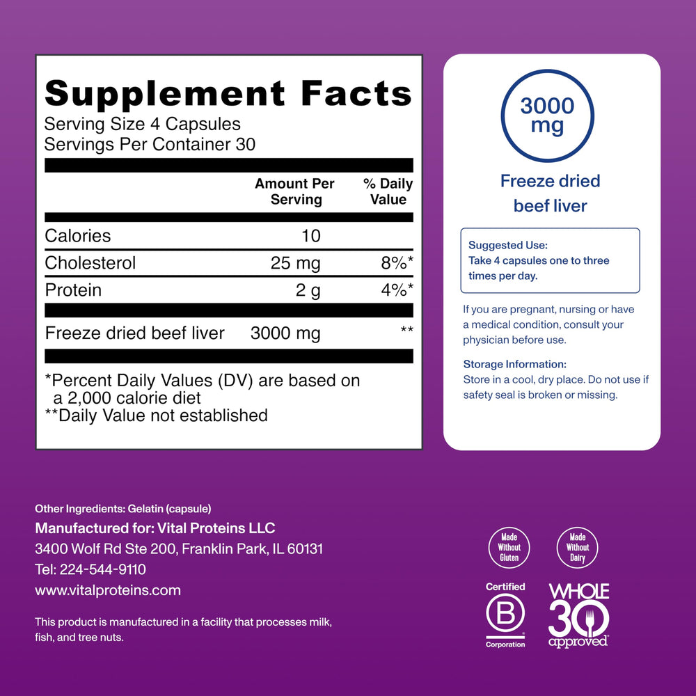 Vital Proteins grass-fed beef liver capsules packaging and branding