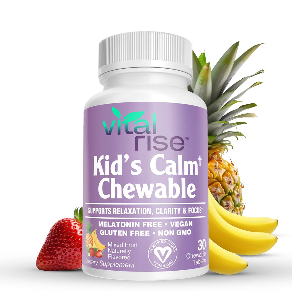 Vital Rise Kids Magnesium Chewables mixed-fruit bottle front for calm and focus.
