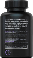 Vital Vitamins beauty complex packaging highlighting comprehensive hair, skin, nails benefits.