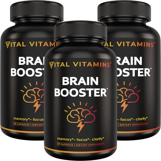 Vital Vitamins Brain Booster bottle with caffeine-free focus support.