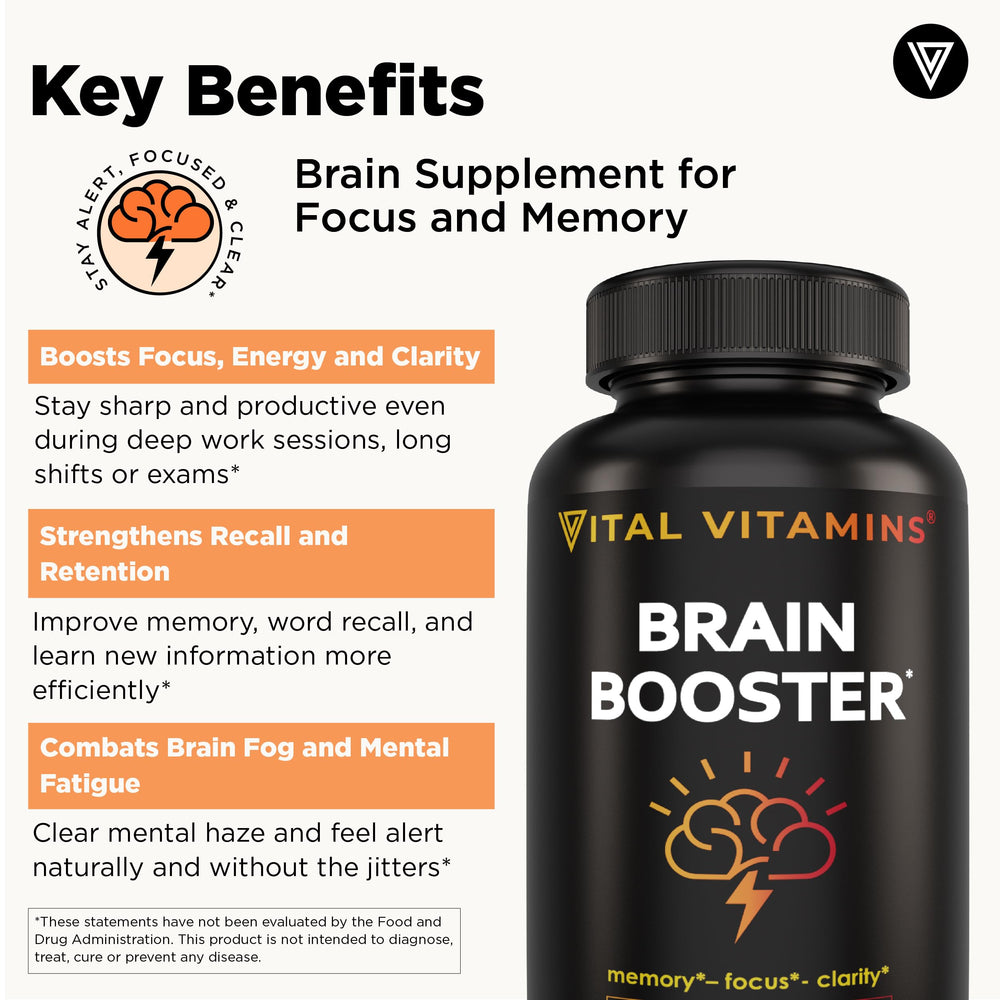 Vital Vitamins Brain Booster label design communicates USA-made quality.