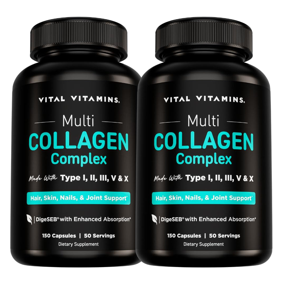 Vital Vitamins Multi Collagen Capsules bottle closeup for easy daily skin and joint support.