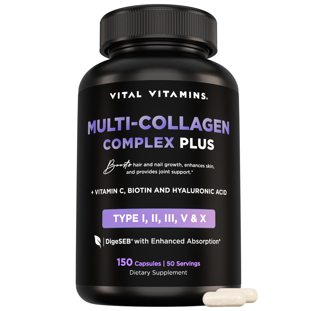 Vital Vitamins multi-collagen capsules bottle front for hair, skin, nails and joints.