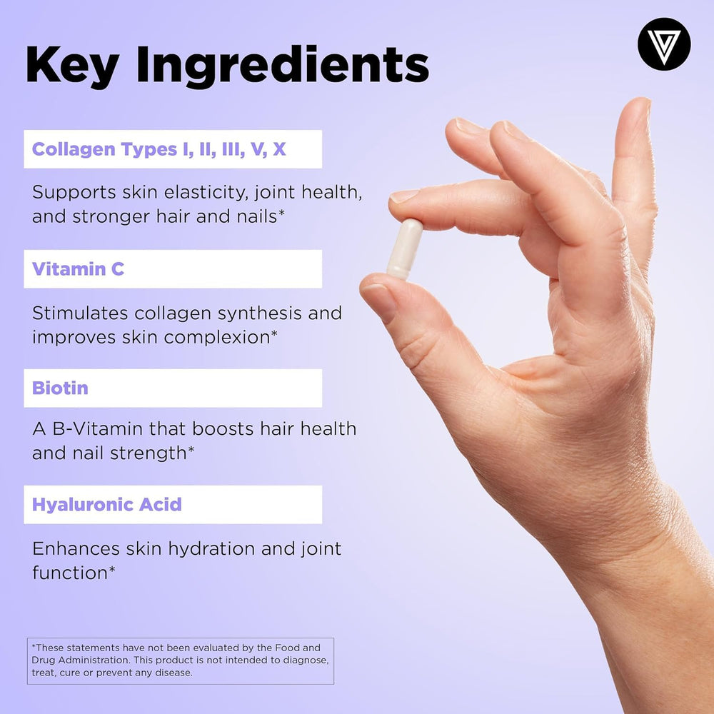 Vital Vitamins Multi Collagen Plus bottle label emphasizes collagen blend and non-GMO formula.