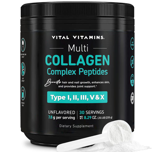 Vital Vitamins Multi Collagen Powder bottle for daily wellness support.