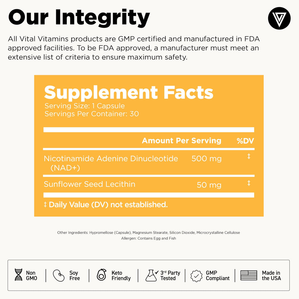 Vital Vitamins NAD sunflower lecithin detail indicating absorption support