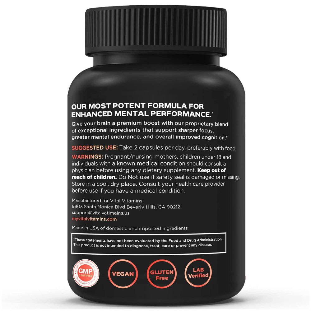 Vital Vitamins daily-use scene with bottle and notes for routine brain care
