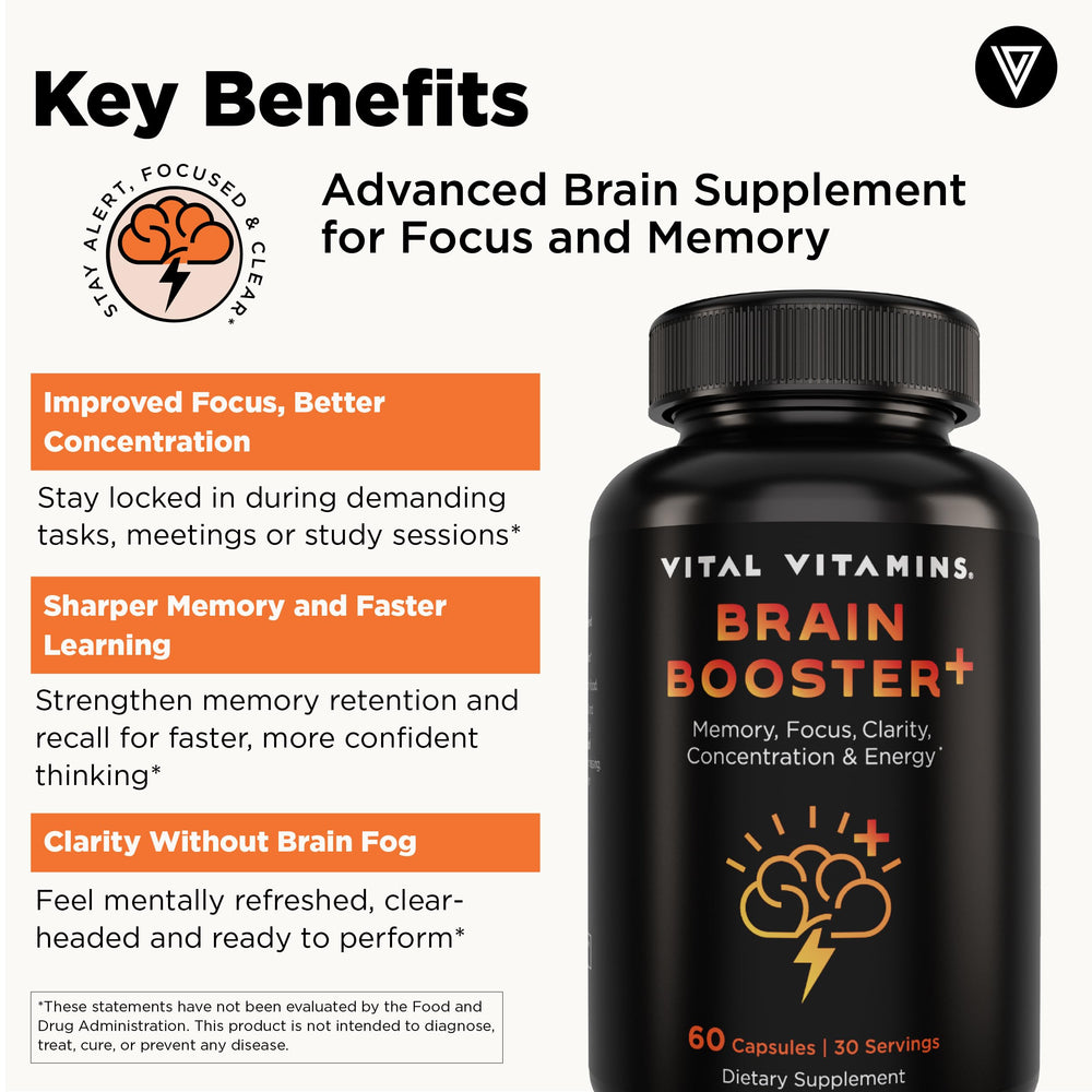 Vital Vitamins Nootropic Brain Supplement Plus label closeup highlighting Lion's Mane and DMAE