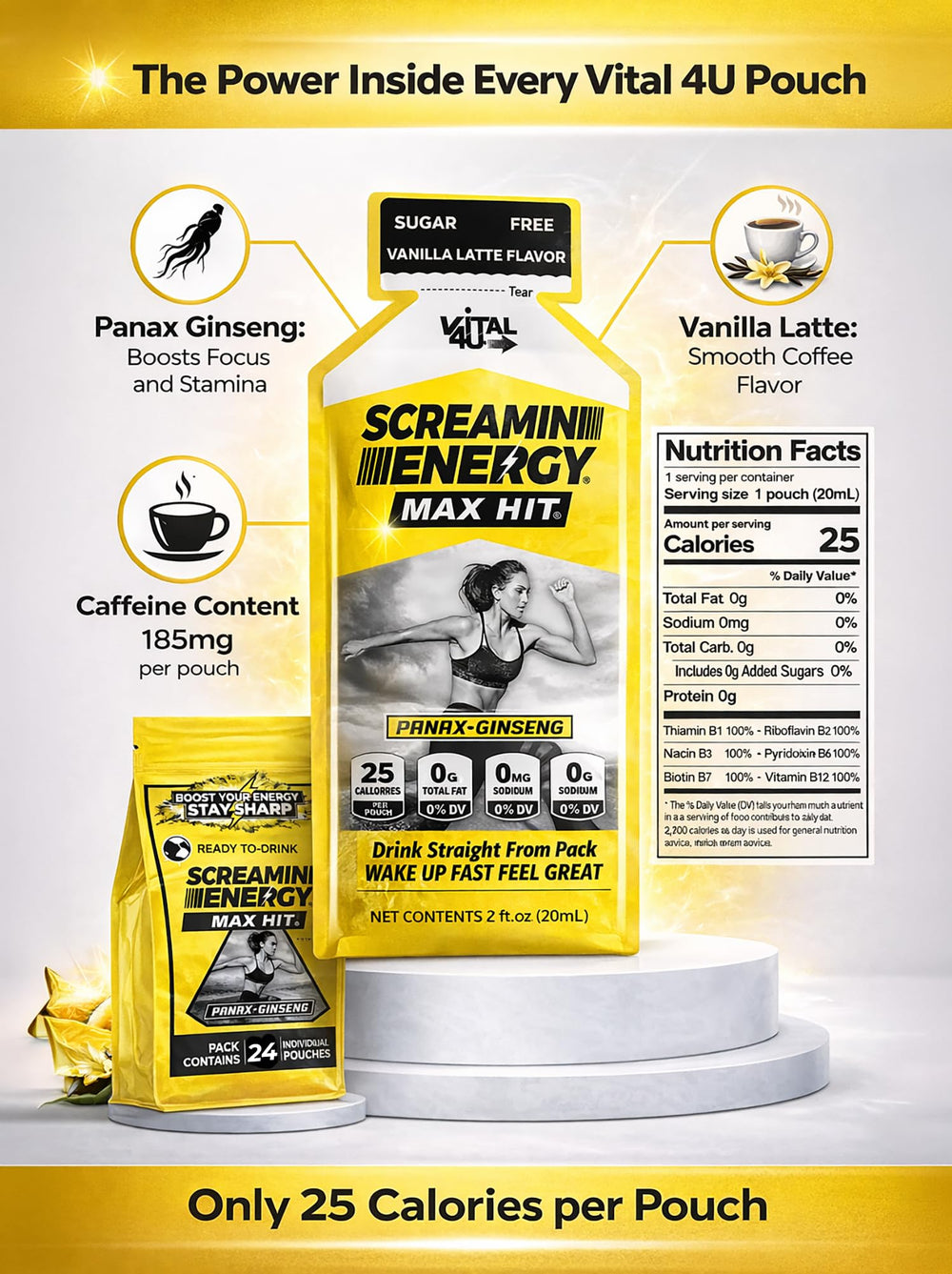 Compact 20 ml Screamin Energy shot ready for travel or gym bag