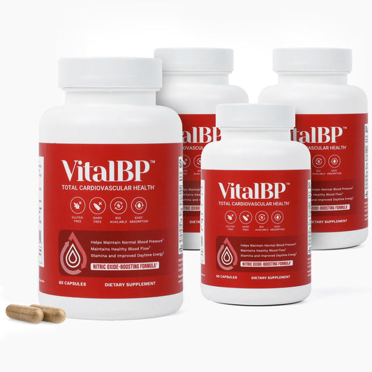 VitalBP 4 pack bottle front shows a practical circulatory wellness option