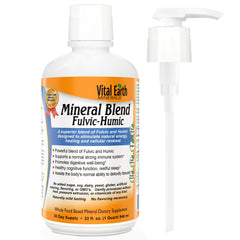 Vital Earth Minerals fulvic humic liquid bottle with pump supports daily mineral intake.