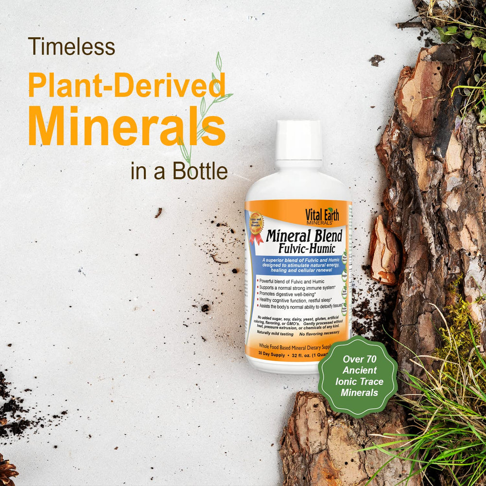 Front view of Vital Earth Minerals fulvic-humic bottle emphasizes mineral content