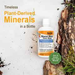 Front view of Vital Earth Minerals fulvic-humic bottle emphasizes mineral content