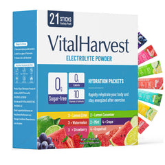 VitalHarvest electrolyte packets in packaging for on-the-go hydration