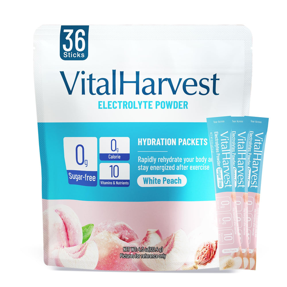 VitalHarvest 36 Sticks white peach electrolyte packets for on the go hydration.