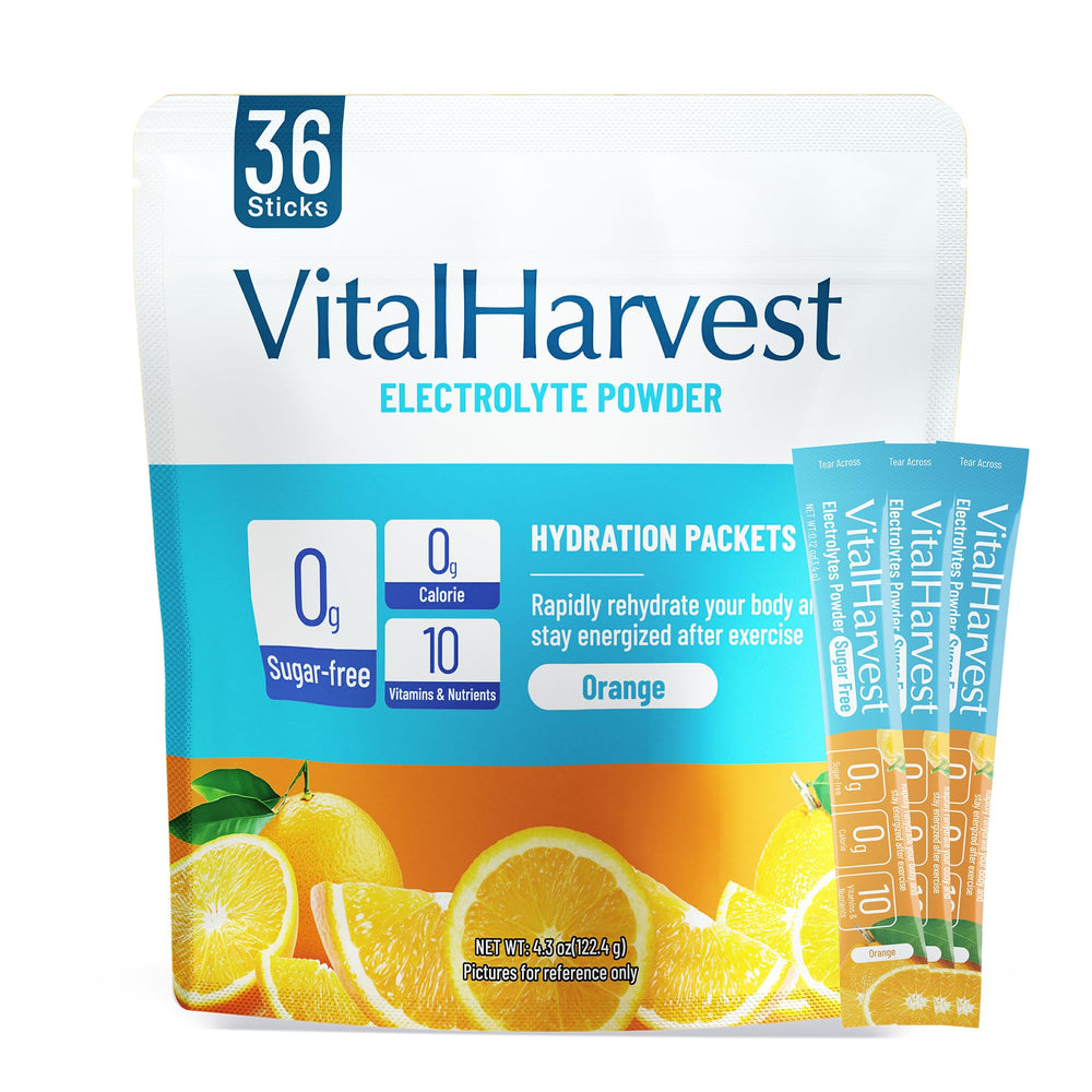 VitalHarvest 36 Sticks orange hydration packet box for on-the-go hydration