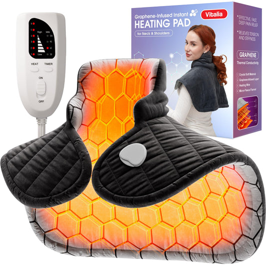 VITALIA graphene-infused heating pad delivers fast neck and shoulder warmth for targeted relief.