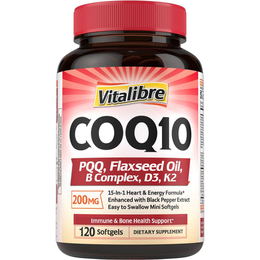 Vitalibre CoQ10 200mg bottle close-up highlighting energy support