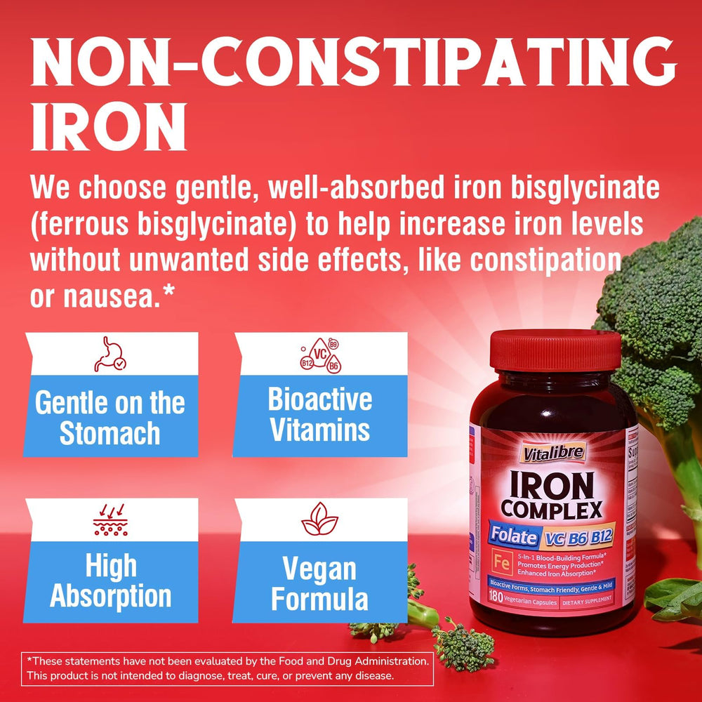 Vitalibre gluten-free iron pill emphasized as allergen-friendly supplement.