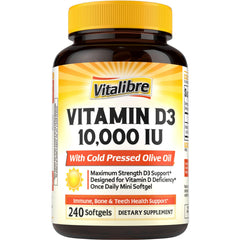 Vitalibre Max-Strength Vitamin D3 softgel bottle front view highlighting high potency D3 for easy absorption.