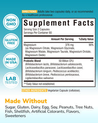 Vitalibre Probiotic with Magnesium bottle back highlights supplement facts and ingredients.