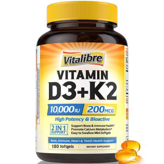 Vitalibre Vitamin D3 K2 softgels bottle closeup highlighting bone support