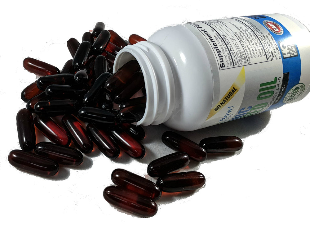 Vitalité Now flaxseed oil softgels image suggesting hair and skin support