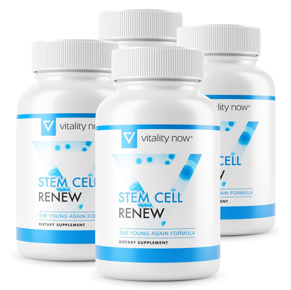 Vitality Now Stem Cell Renew bottle on shelf for daily vitality support.