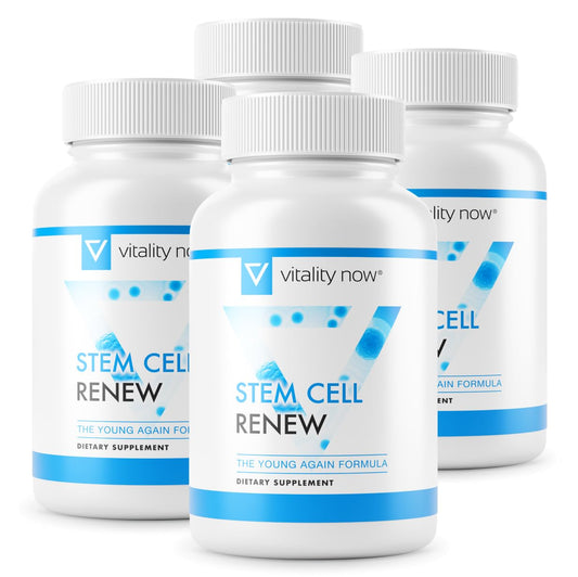 Vitality Now Stem Cell Renew bottle on shelf for daily vitality support.