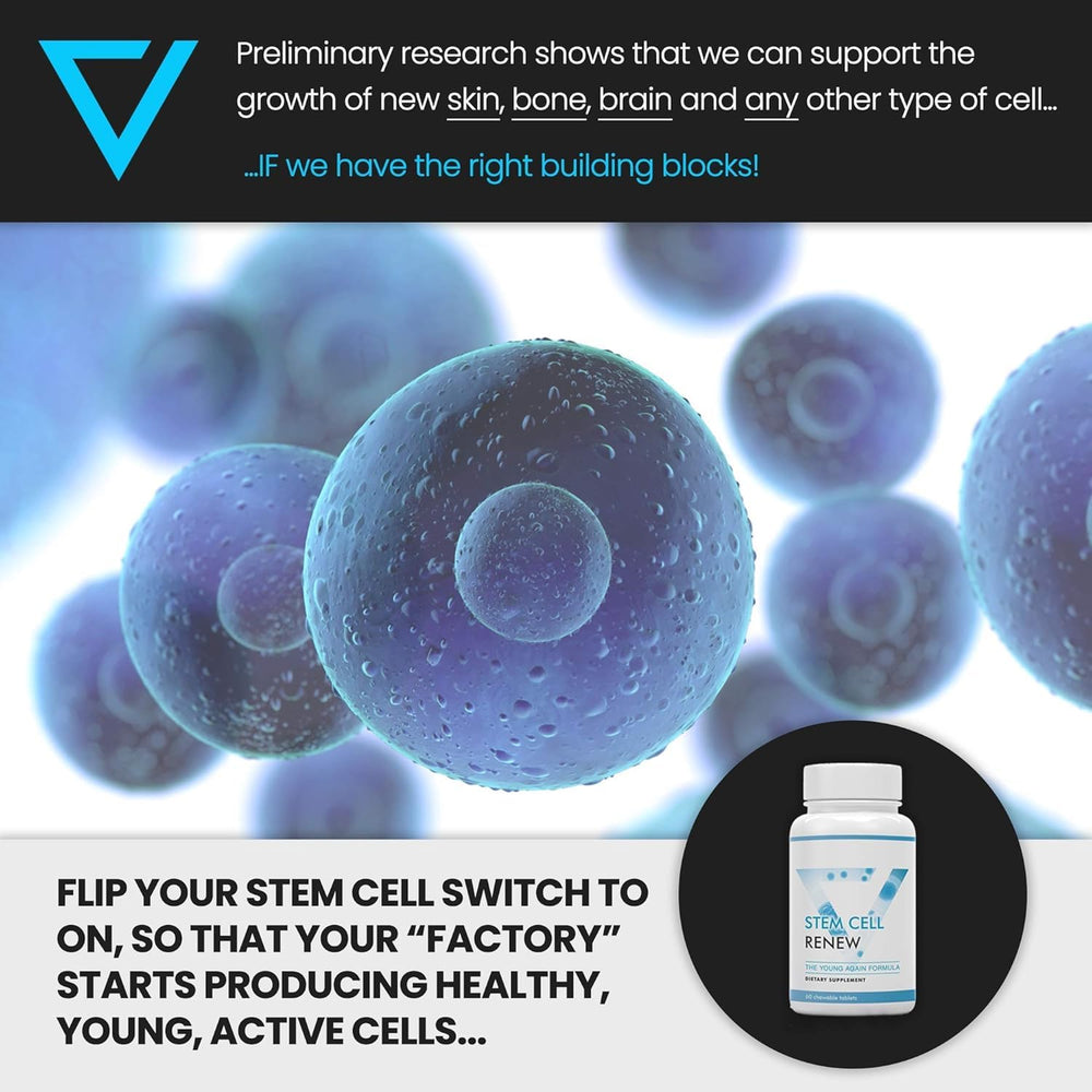 Vitality Now Stem Cell Renew branding evokes NASA-backed science imagery.