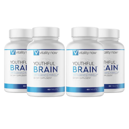 Vitality Now Youthful Brain bottle front view highlights memory support capsules for daily use.