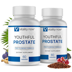 Vitality Now Youthful Prostate bottle label highlights saw palmetto for prostate health.