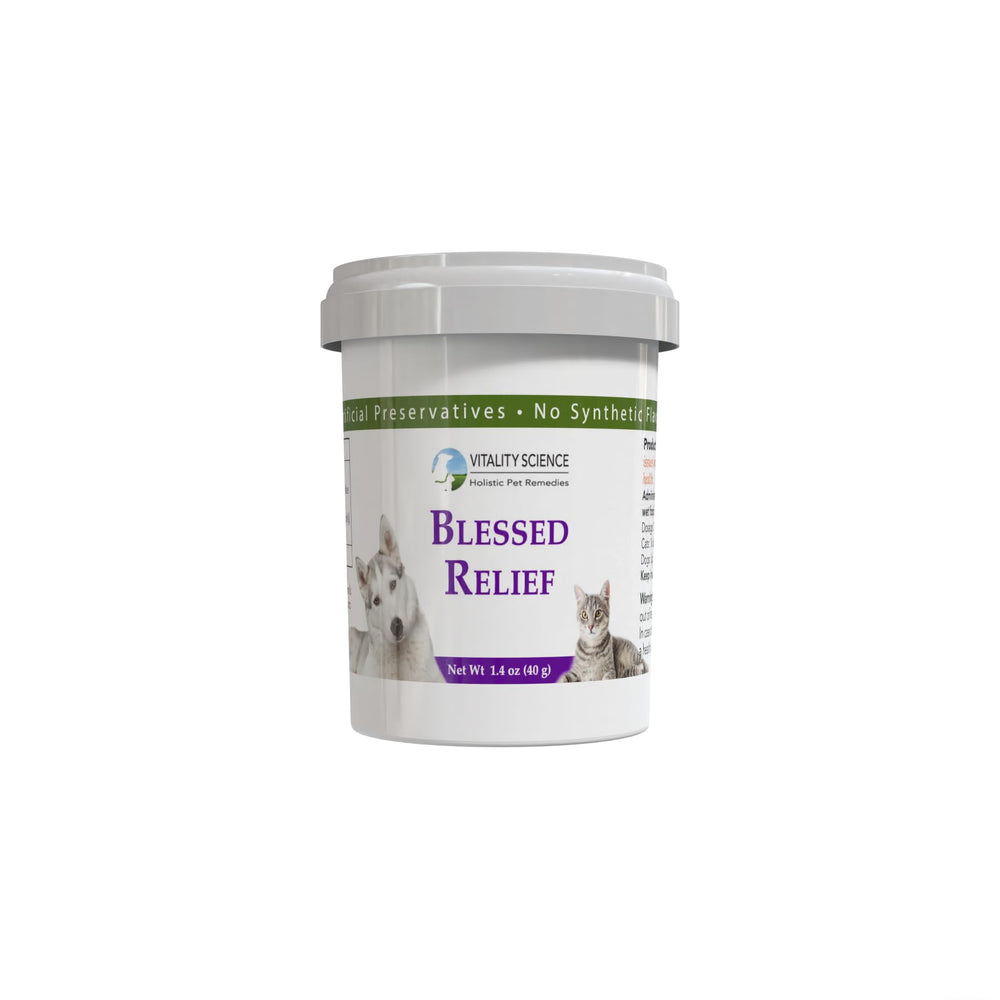 Vitality Science Blessed Relief cat bottle for easy dosing and seasonal allergy support.