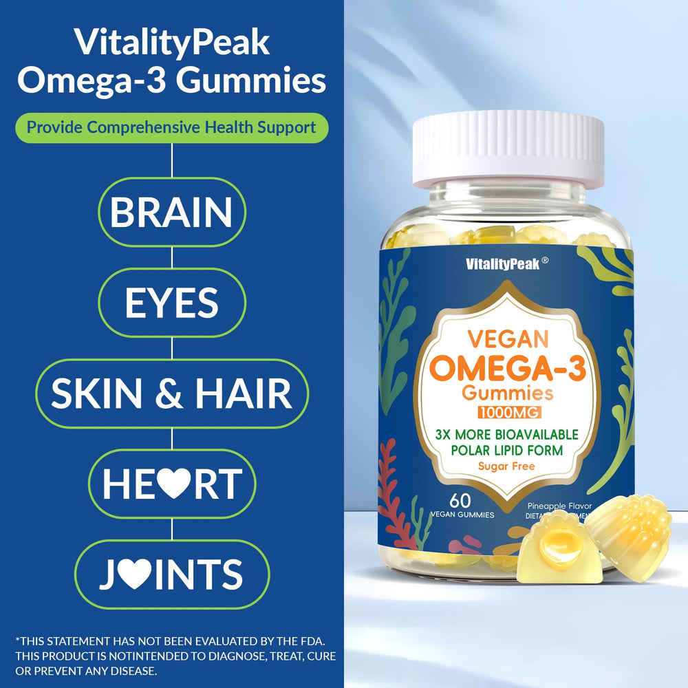 VitalityPeak vegan omega-3 gummies close-up showing chewy texture.