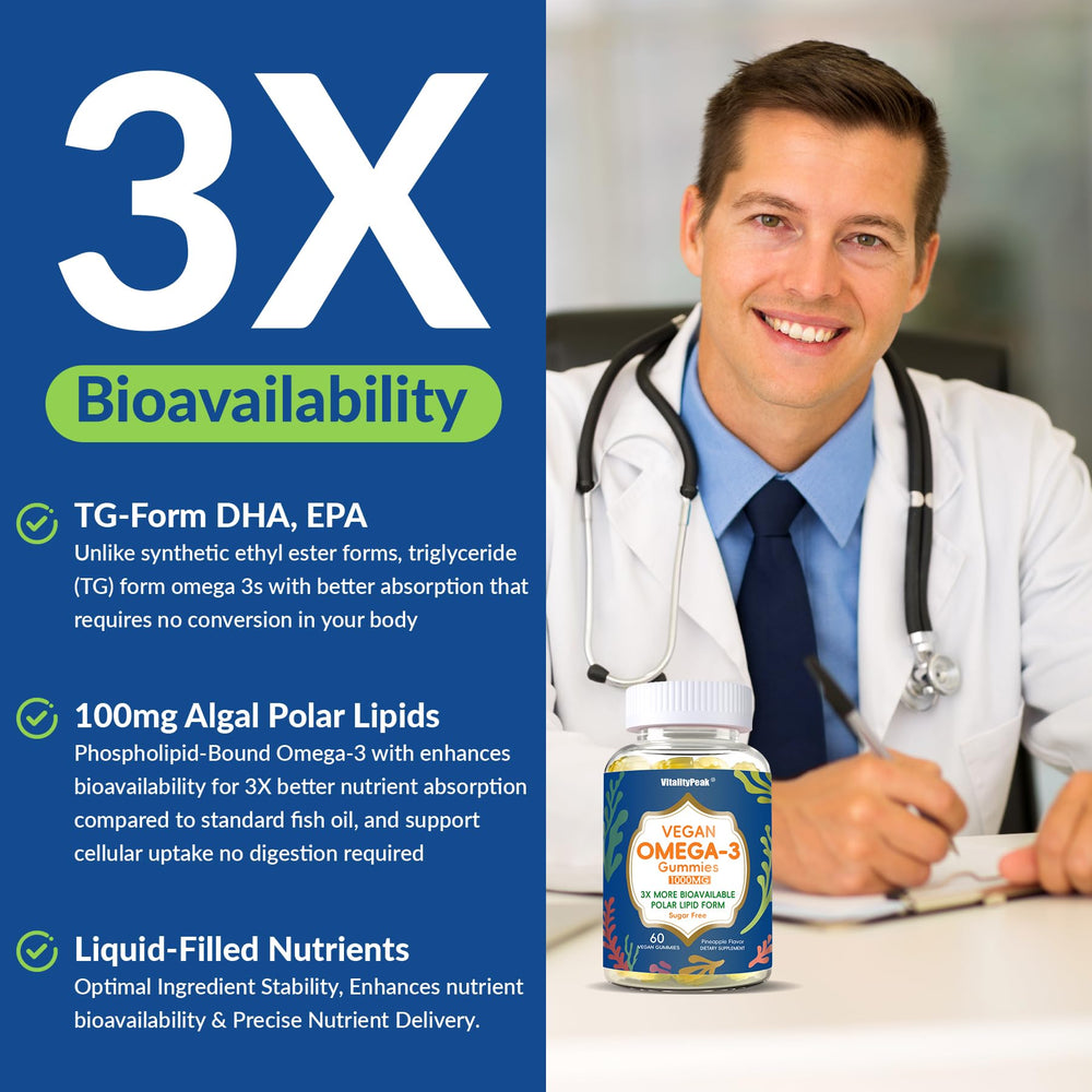 VitalityPeak omega-3 gummies bottle close-up with DHA EPA details.