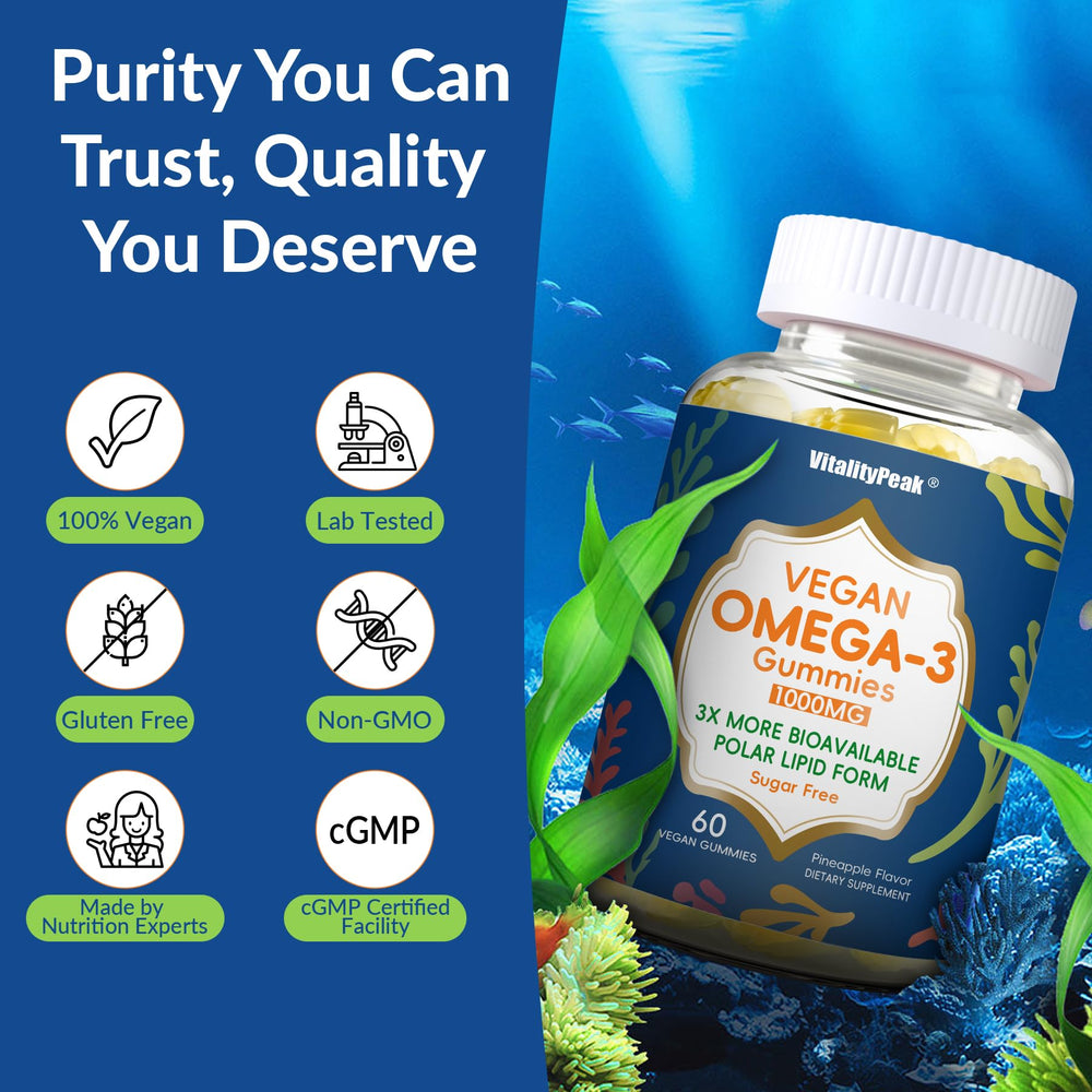 VitalityPeak vegan omega-3 gummies sugar-free formula close-up.