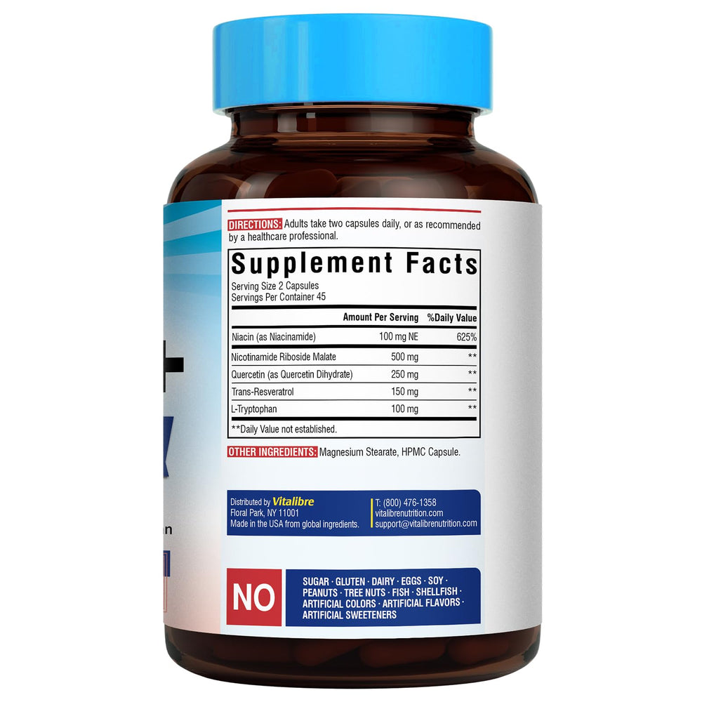 Vitalibre NAD Support ingredients panel with NR, niacinamide, resveratrol, and quercetin.