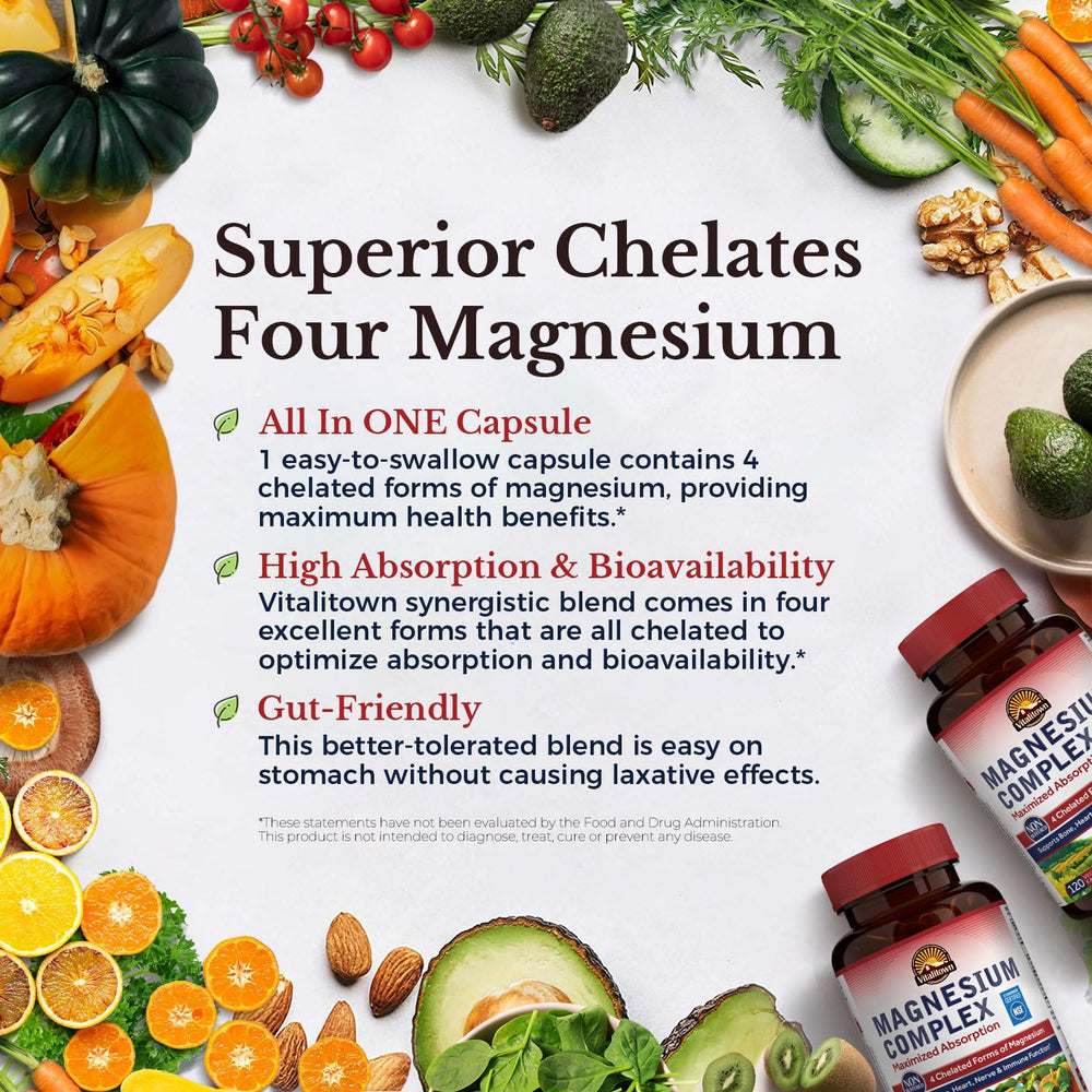 Vitalitown Magnesium Complex bottle pour suggests easy daily dosing