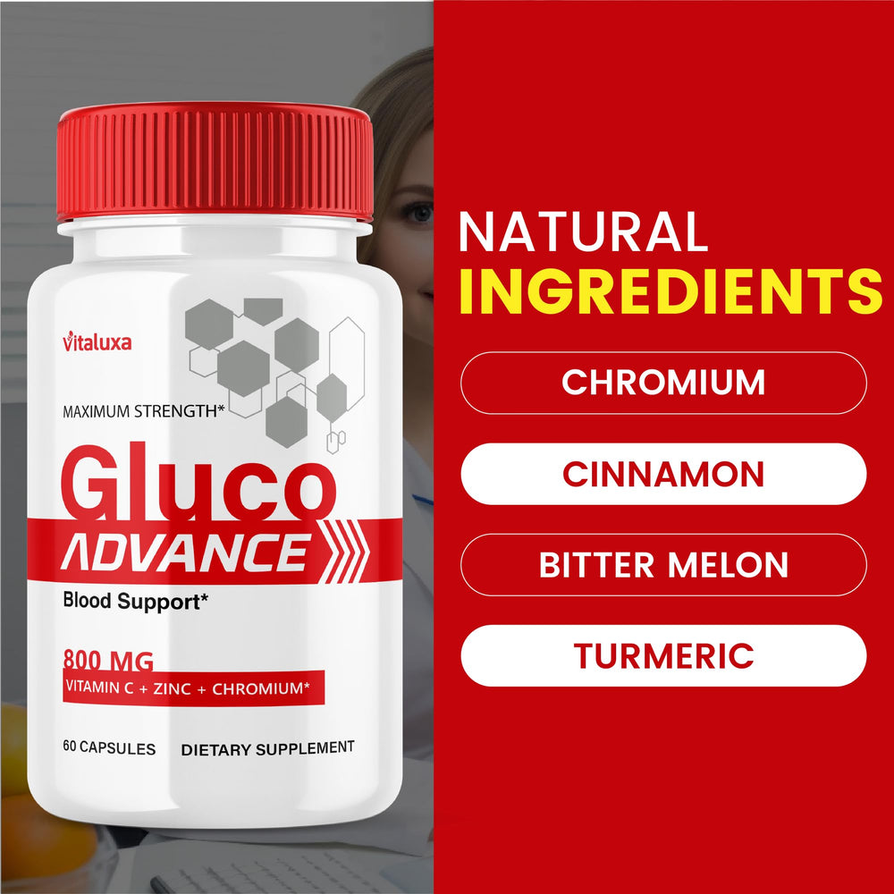 Vitaluxa GlucoAdvance bottle held for daily dosage illustration.