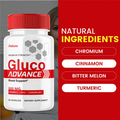 Vitaluxa GlucoAdvance bottle held for daily dosage illustration.